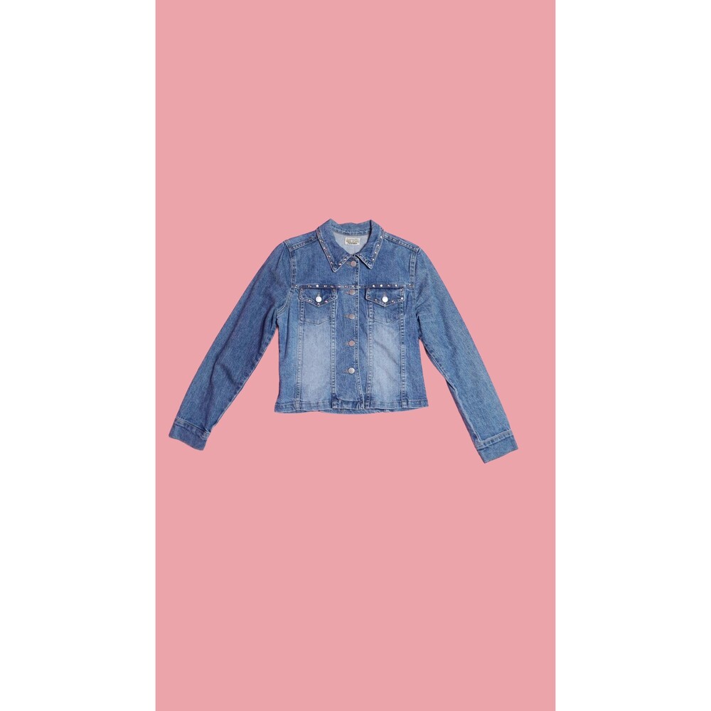 1990s-Y2K SANS SOUCI Light Wash Denim Jacket with RHINESTONE Stud Trim. Medium